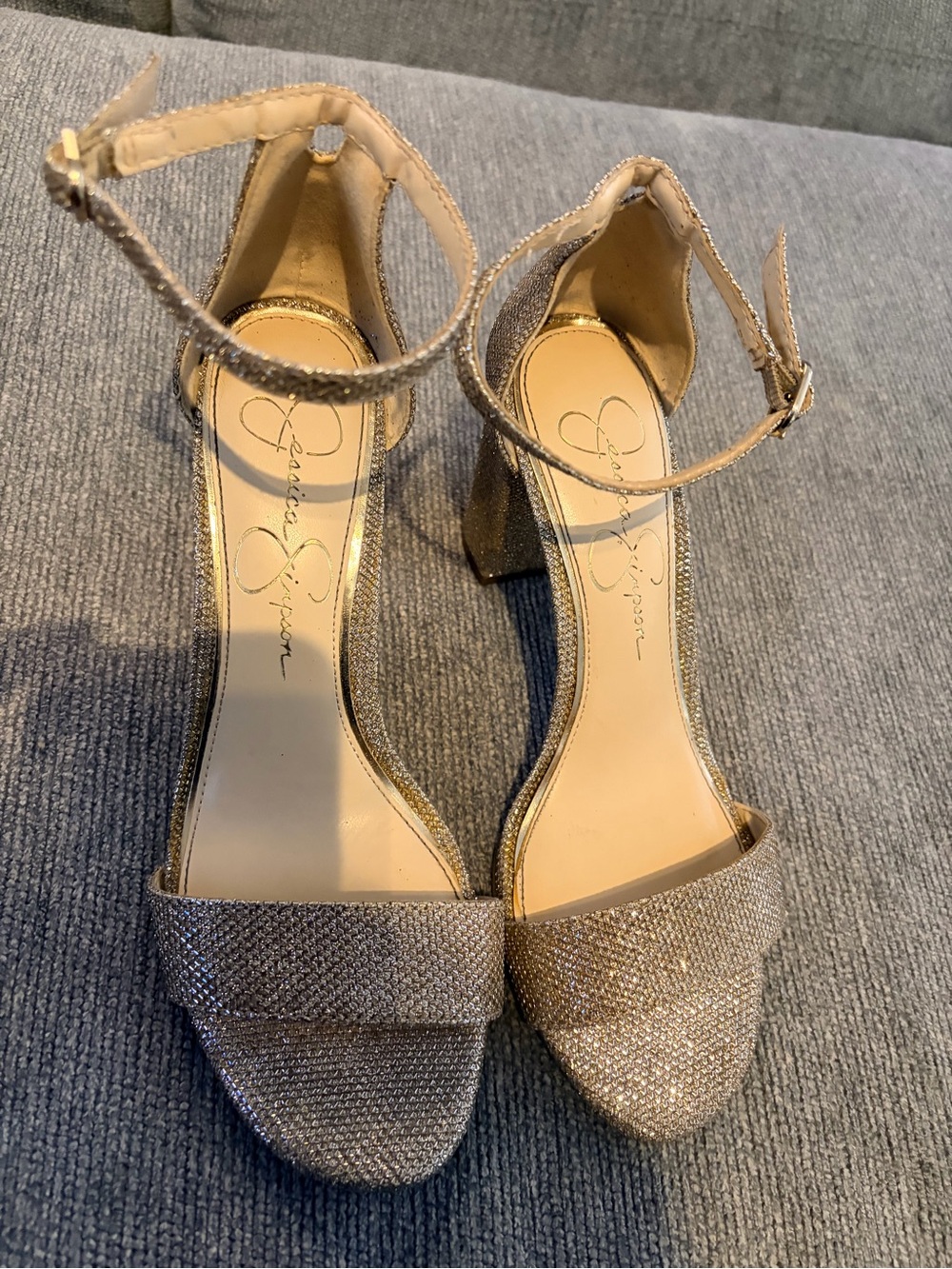 Jessica Simpson Gold Glitter Ankle Strap Block Heels
